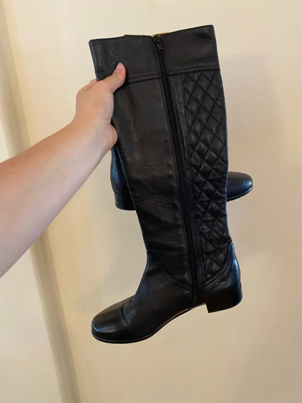 Napoleoni Italian Black Leather Quilted Knee High Boots Size 37